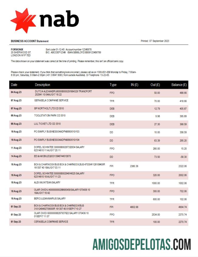 Baixável NAB Bank Company Extracto de conta modelo Word e PDF